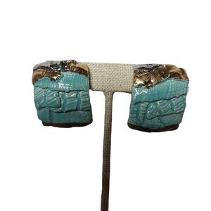 Vintage Artisan Ocean Blue Clip-on Earrings Chunky Square Mixed Color Silver…